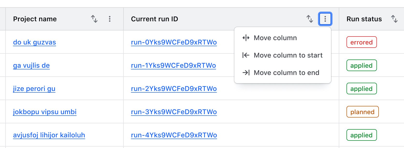 The open context menu in the Advanced Table displaying "Move column", "Move column to start", and "Move column to end" actions.